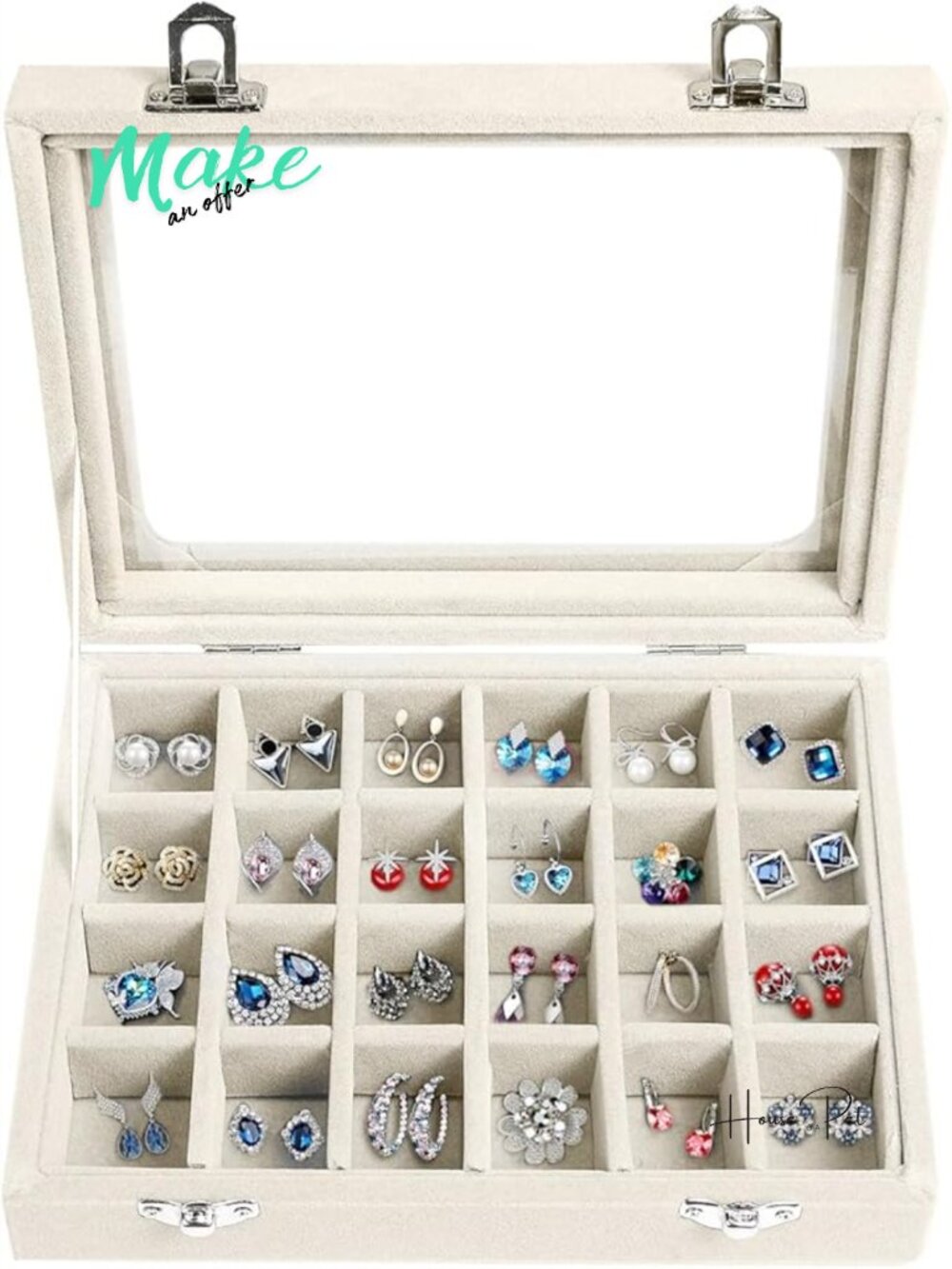 Velvet 24 Grid Jewelry Box Display Organizer Earring Ring Storage Tray
